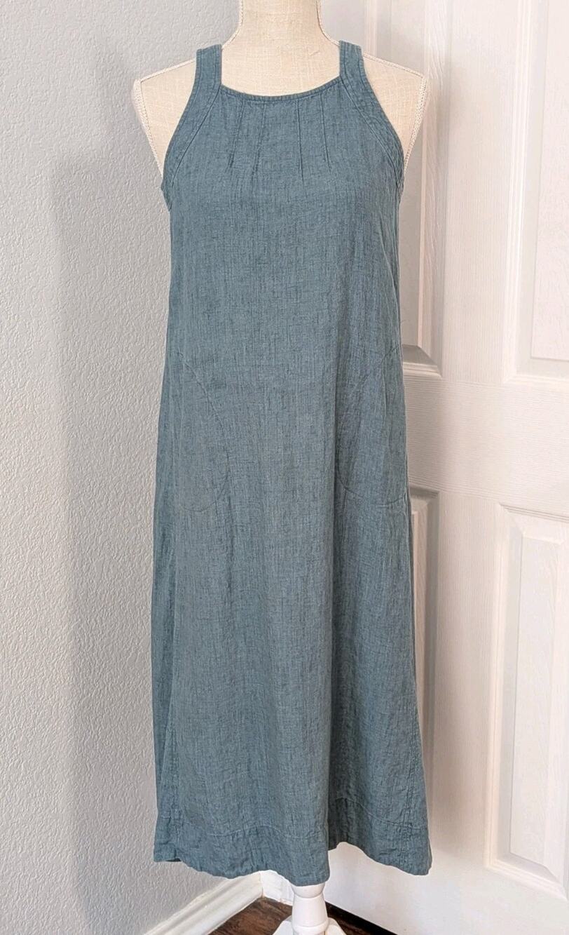 J. Jill Pure Jill 100% Linen Midi Dress Blue XSP Lagenlook Coastal Boho